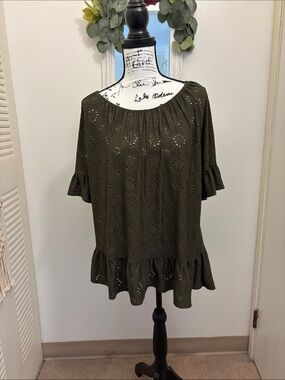 Olive Eyelet Ruffle Peasant Tunic Top